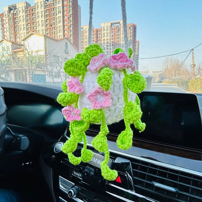Cute Car Mirror Hanging bracketplant chlorophytum comosum with pink flower Interior Rear View Mirror Flower Car Accessories Crochet gift