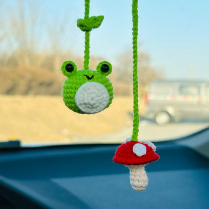 Cute Swing frog mushroom Crochet Car Mirror Hanging Accessories for Women Teens Interior Rear View Mirror animal Charm Decor