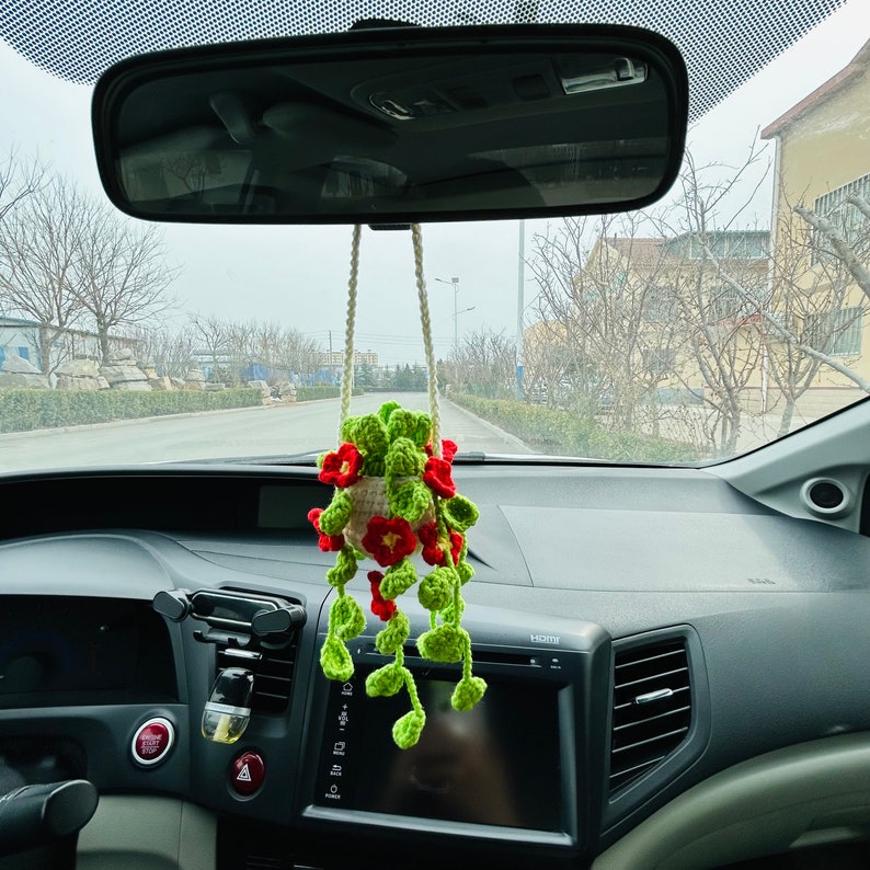 Cute Car Mirror Hanging bracketplant chlorophytum comosum with Red flower Interior Rear View Mirror Flower Car Accessories Crochet gift