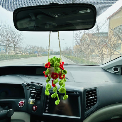 Cute Car Mirror Hanging bracketplant chlorophytum comosum with Red flower Interior Rear View Mirror Flower Car Accessories Crochet gift
