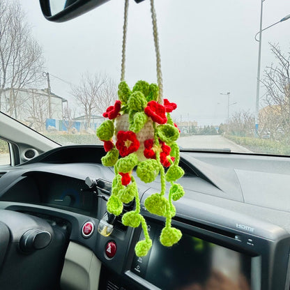 Cute Car Mirror Hanging bracketplant chlorophytum comosum with Red flower Interior Rear View Mirror Flower Car Accessories Crochet gift