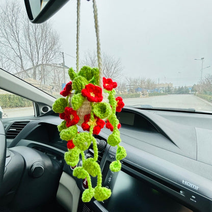 Cute Car Mirror Hanging bracketplant chlorophytum comosum with Red flower Interior Rear View Mirror Flower Car Accessories Crochet gift