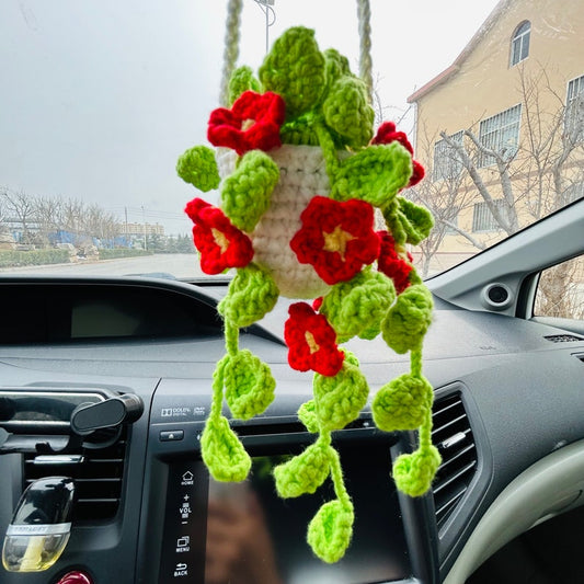 Cute Car Mirror Hanging bracketplant chlorophytum comosum with Red flower Interior Rear View Mirror Flower Car Accessories Crochet gift
