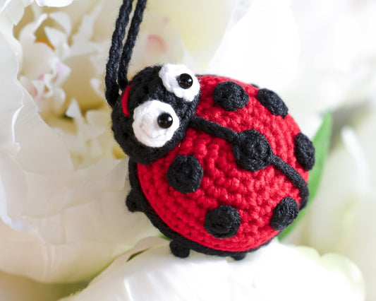 Crochet Ladybug Car Charm, Rear View Mirror Hanging Accessory