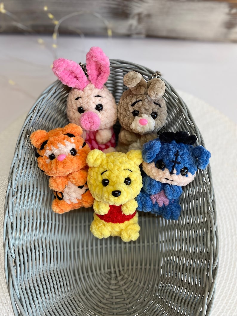Pooh and friends keychain charm, Car charms rear view mirror, handmade crochet plushies, rabbit tigger eeyore piglet bag charm
