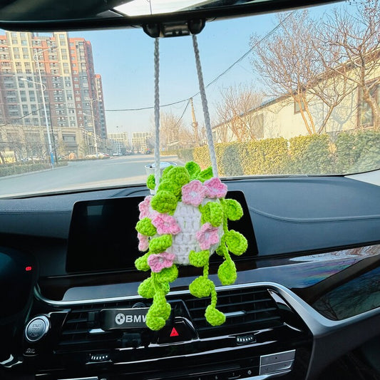 Cute Car Mirror Hanging bracketplant chlorophytum comosum with pink flower Interior Rear View Mirror Flower Car Accessories Crochet gift