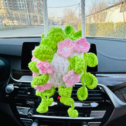 Cute Car Mirror Hanging bracketplant chlorophytum comosum with pink flower Interior Rear View Mirror Flower Car Accessories Crochet gift