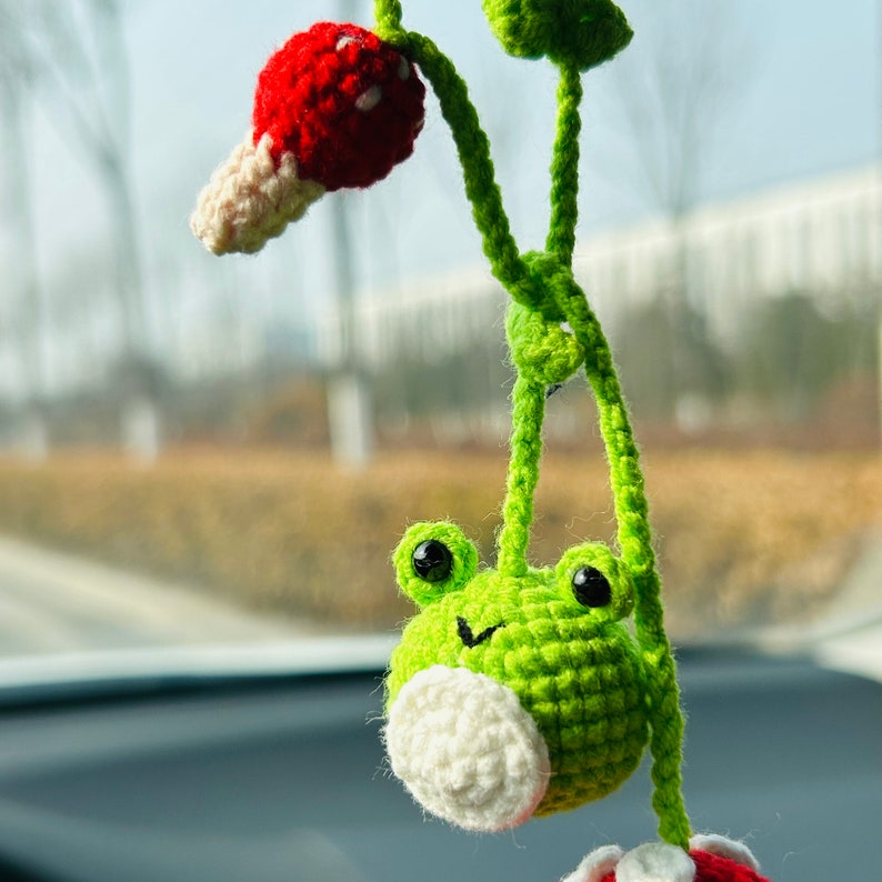 Cute Swing frog mushroom Crochet Car Mirror Hanging Accessories for Women Teens Interior Rear View Mirror animal Charm Decor