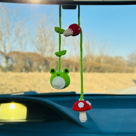 Cute Swing frog mushroom Crochet Car Mirror Hanging Accessories for Women Teens Interior Rear View Mirror animal Charm Decor