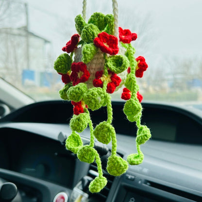 Cute Car Mirror Hanging bracketplant chlorophytum comosum with Red flower Interior Rear View Mirror Flower Car Accessories Crochet gift