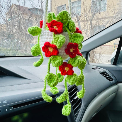 Cute Car Mirror Hanging bracketplant chlorophytum comosum with Red flower Interior Rear View Mirror Flower Car Accessories Crochet gift