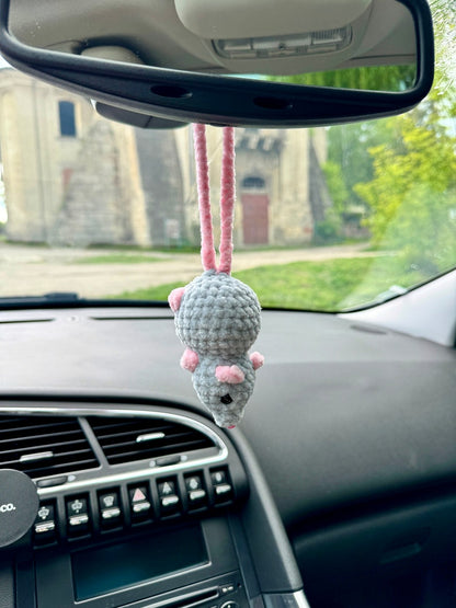 Car charms rear view mirror hanger Crochet mouse rat, bag charm mouse rat, prank car decor accessory, first car gift