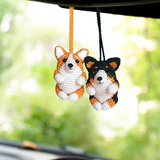 Crochet Corgi Car Accessory Rear View Mirror Hanger, Corgi Gift Cute Car Decoration, Tricolor Corgi Keychain, Plush Car Decor Corgi Ornament