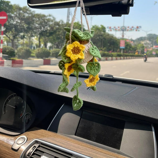 Crochet Monstera Plant Car Mirror Hanging, Plant Lover Decor, House Plant Decor, Crochet Sunflower Basket, Car Accessories For Women