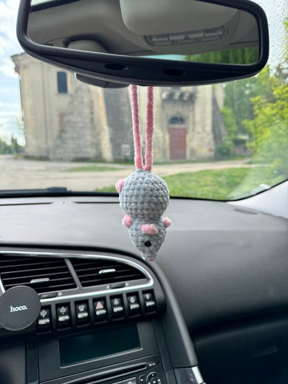Car charms rear view mirror hanger Crochet mouse rat, bag charm mouse rat, prank car decor accessory, first car gift