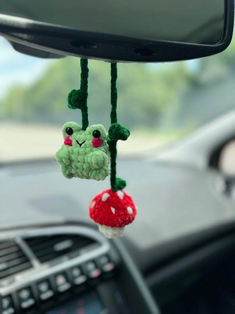 Crochet Frog & Mushroom Car Mirror Hanger, Rearview Mirror Decor, Car Charm