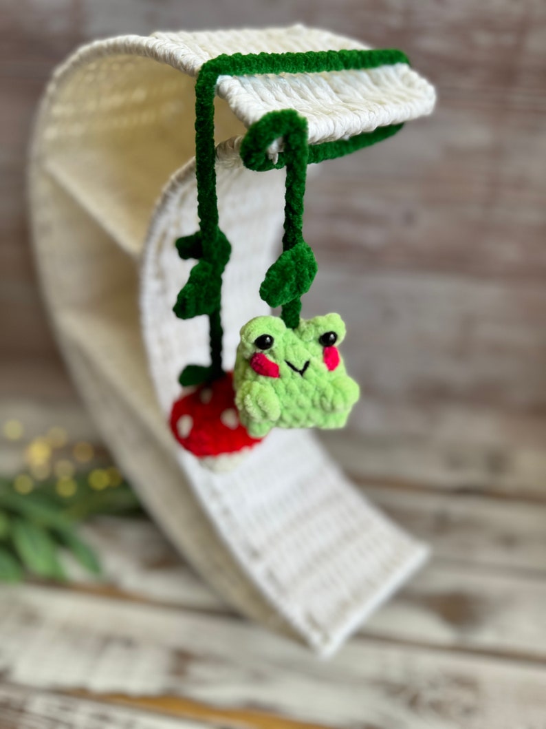 Crochet Frog & Mushroom Car Mirror Hanger, Rearview Mirror Decor, Car Charm