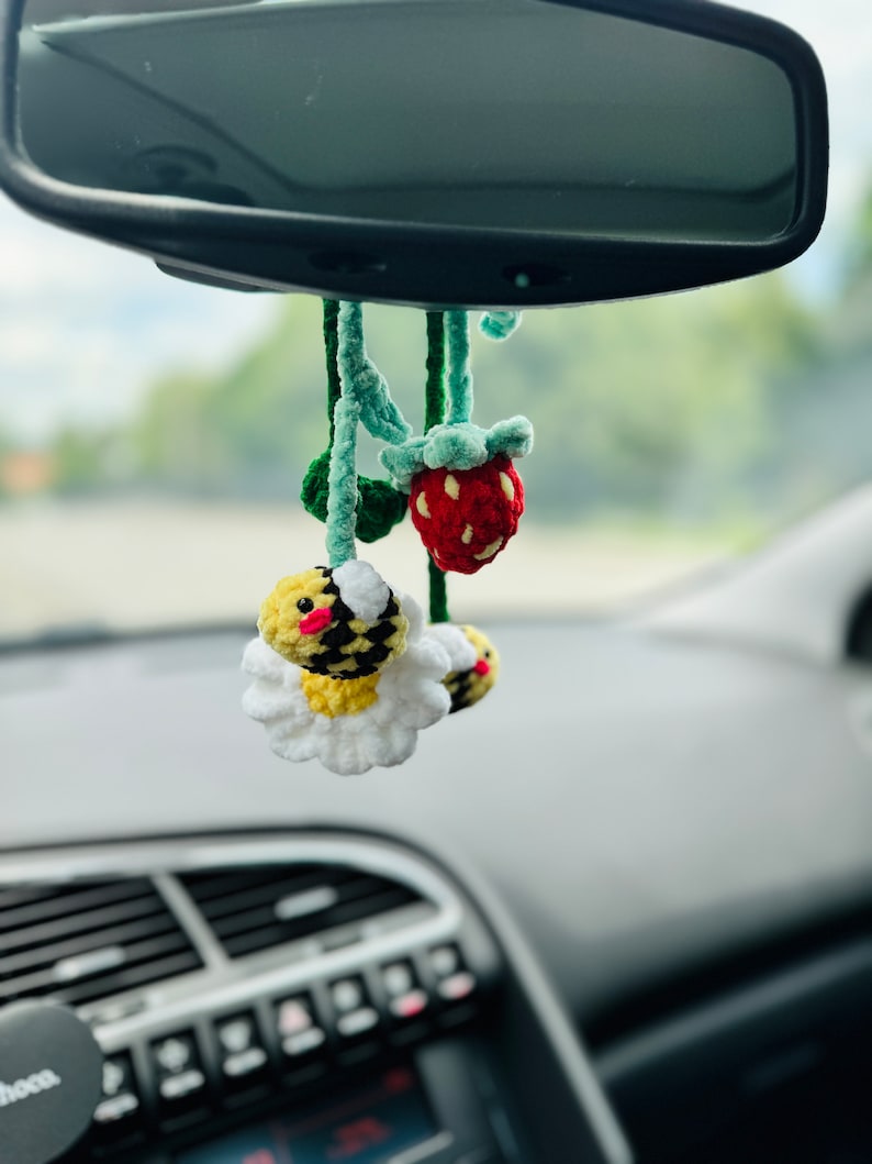Rear view mirror bee flower daisy strawberry car charms , crochet car mirror hanger, car decor accessory, First car gift