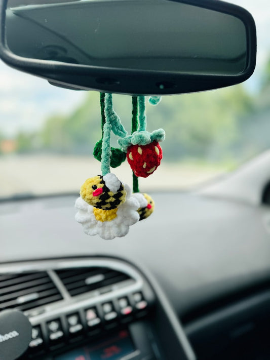 Rear view mirror bee flower daisy strawberry car charms , crochet car mirror hanger, car decor accessory, First car gift