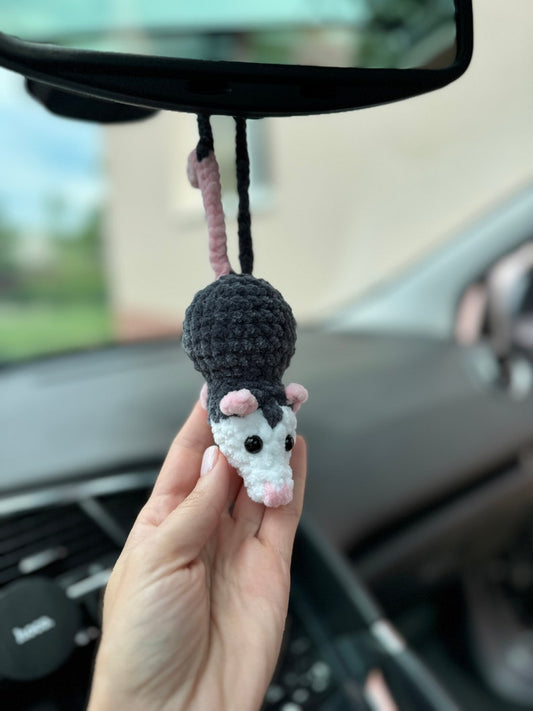 Car charms opossum rear view mirror hanger Crochet possum bag charm, prank toy, car decor accessory, first car gift