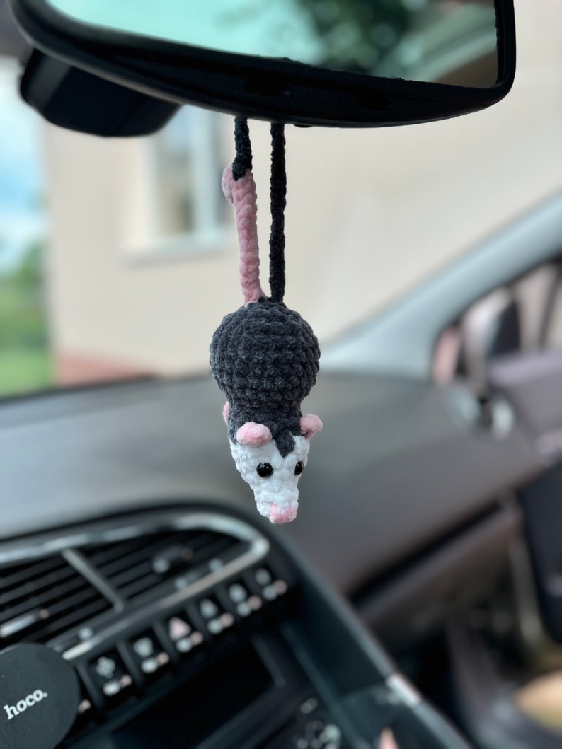 Car charms opossum rear view mirror hanger Crochet possum bag charm, prank toy, car decor accessory, first car gift