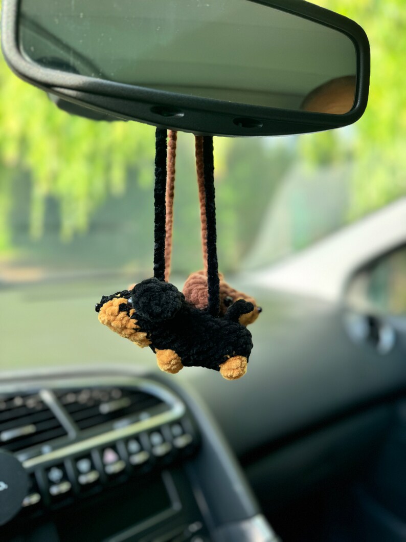 Crochet Dachshund Car Mirror Charm, Wiener Dog Rear View Mirror Hanging, Sausage Dog, Cute Doxie Gift for Dog Lovers