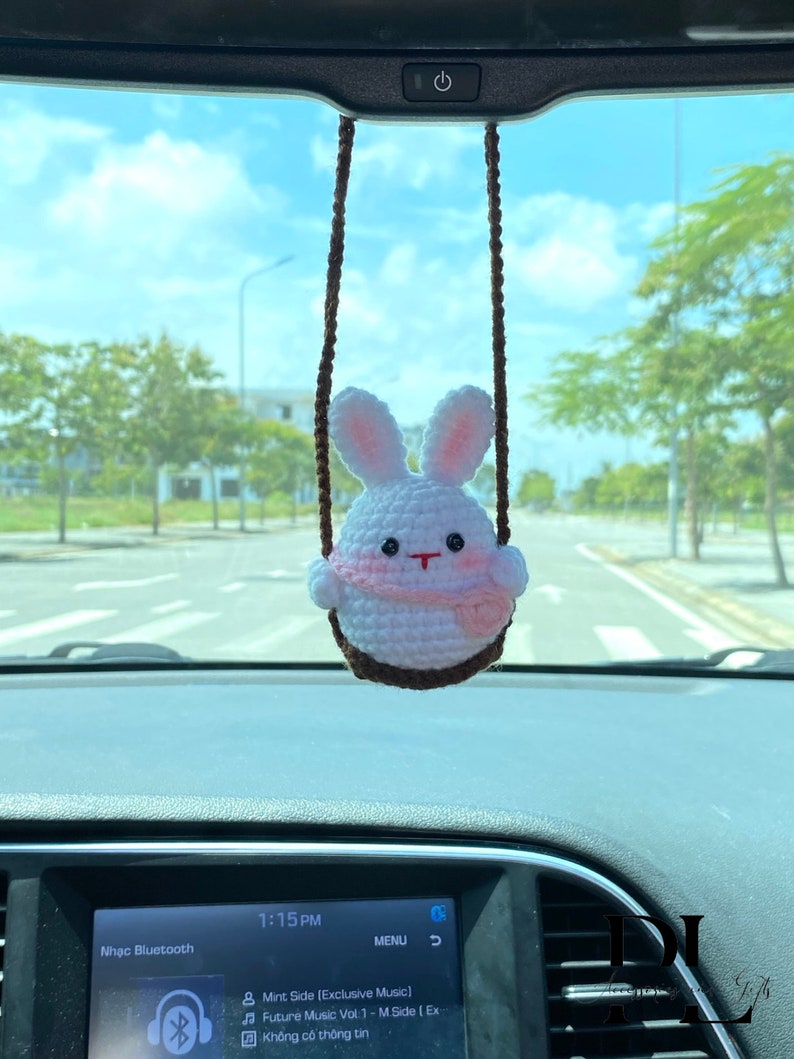 Cute Swinging Bunny Car Mirror Hanging Accessories, Crochet Rabbit Ornaments, New Car Gift Idea, Gift For Her, Car Decorations, Car charm