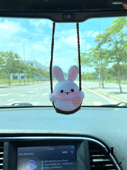 Cute Swinging Bunny Car Mirror Hanging Accessories, Crochet Rabbit Ornaments, New Car Gift Idea, Gift For Her, Car Decorations, Car charm