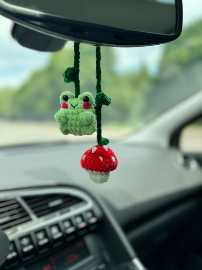 Crochet Frog & Mushroom Car Mirror Hanger, Rearview Mirror Decor, Car Charm