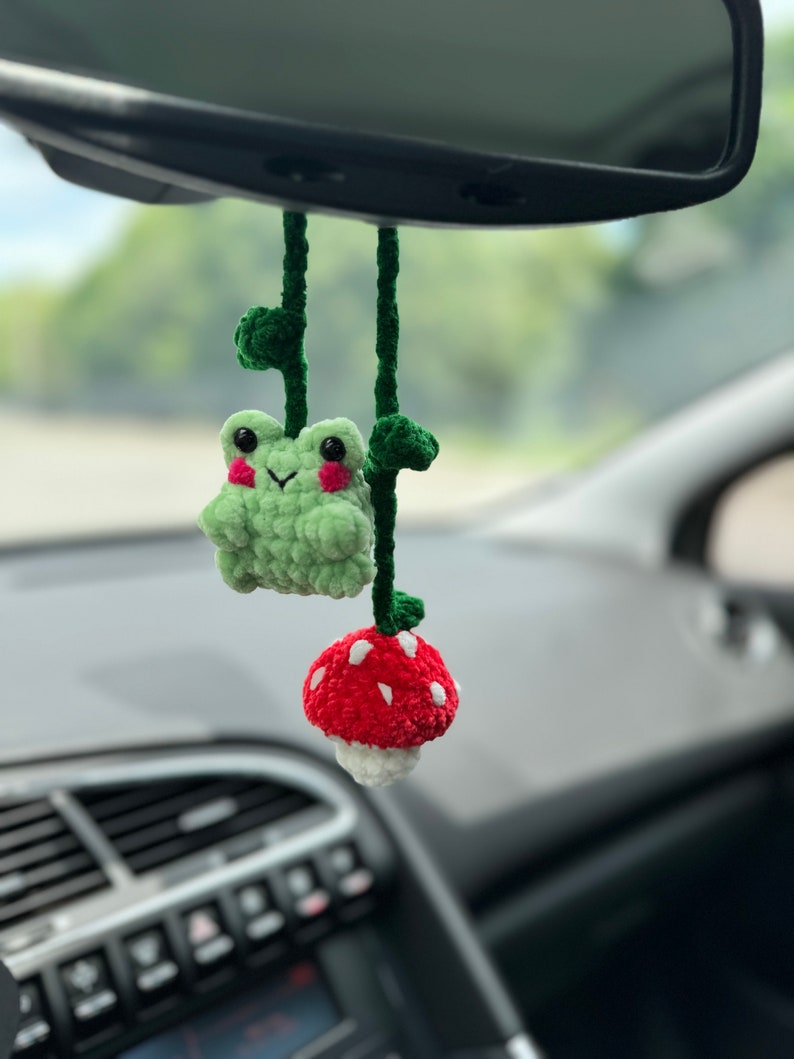 Crochet Frog & Mushroom Car Mirror Hanger, Rearview Mirror Decor, Car Charm