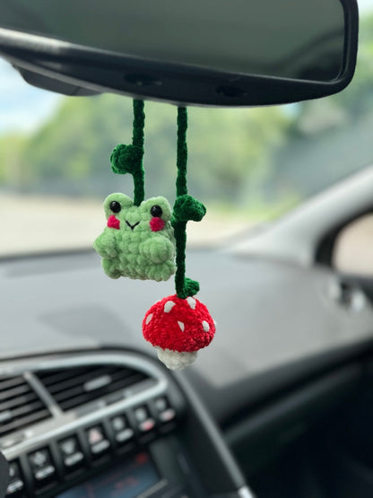 Crochet Frog & Mushroom Car Mirror Hanger, Rearview Mirror Decor, Car Charm