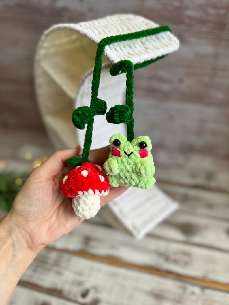 Crochet Frog & Mushroom Car Mirror Hanger, Rearview Mirror Decor, Car Charm