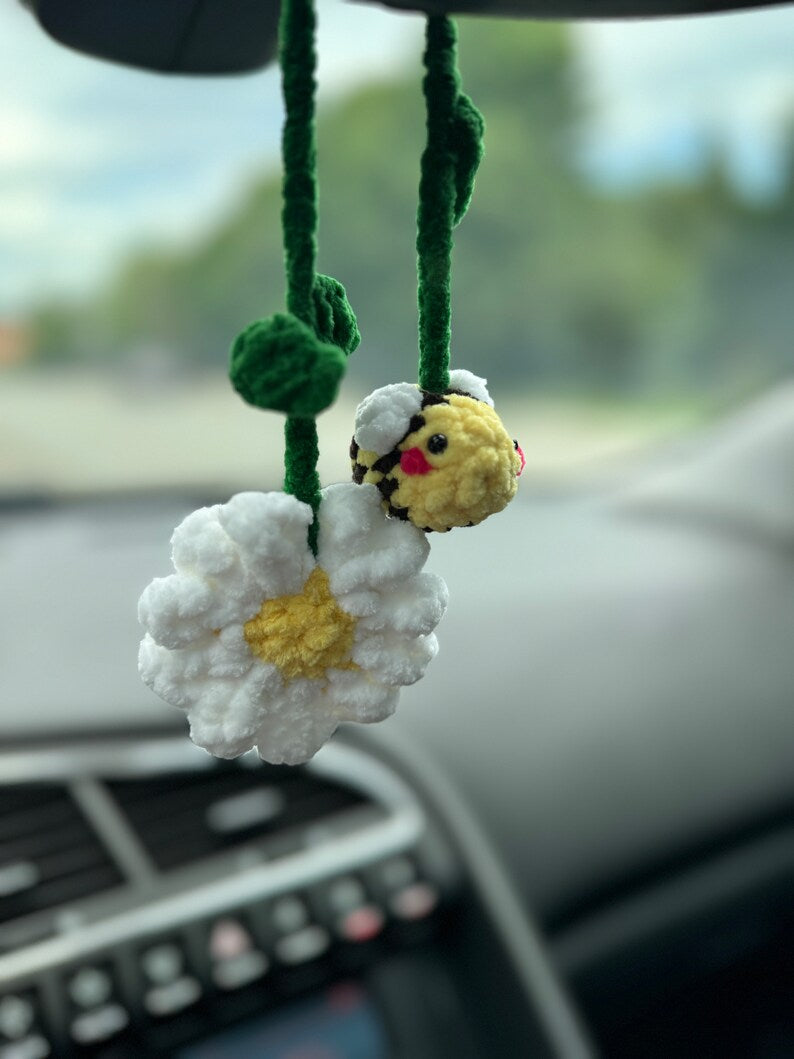 Rear view mirror bee flower daisy strawberry car charms , crochet car mirror hanger, car decor accessory, First car gift