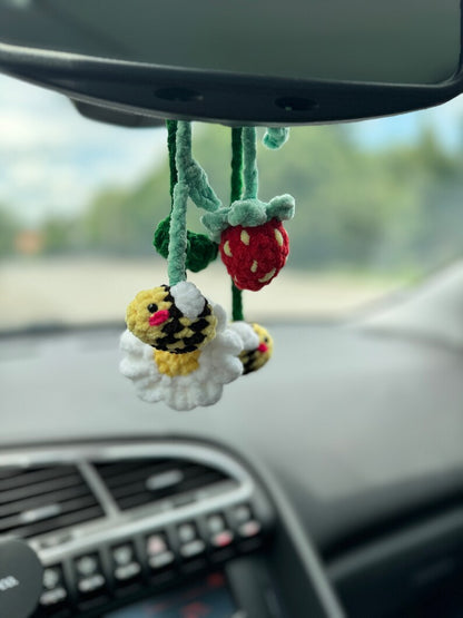 Rear view mirror bee flower daisy strawberry car charms , crochet car mirror hanger, car decor accessory, First car gift
