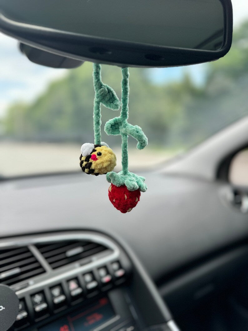 Rear view mirror bee flower daisy strawberry car charms , crochet car mirror hanger, car decor accessory, First car gift