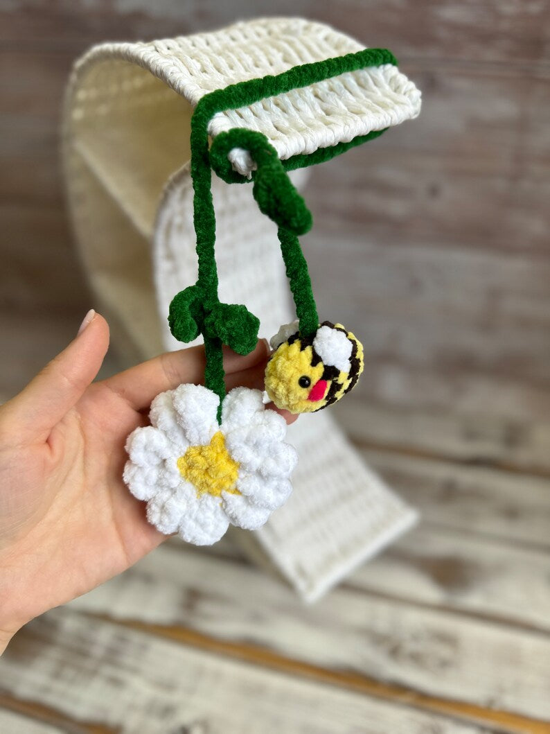 Rear view mirror bee flower daisy strawberry car charms , crochet car mirror hanger, car decor accessory, First car gift