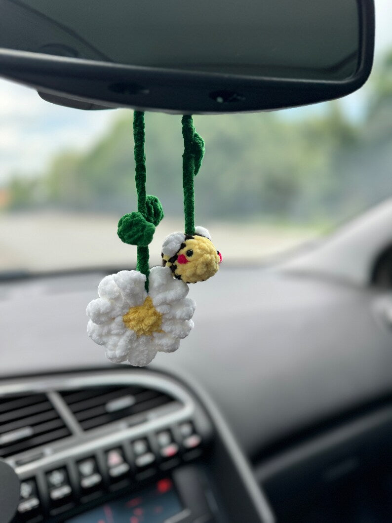 Rear view mirror bee flower daisy strawberry car charms , crochet car mirror hanger, car decor accessory, First car gift