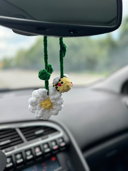 Rear view mirror bee flower daisy strawberry car charms , crochet car mirror hanger, car decor accessory, First car gift