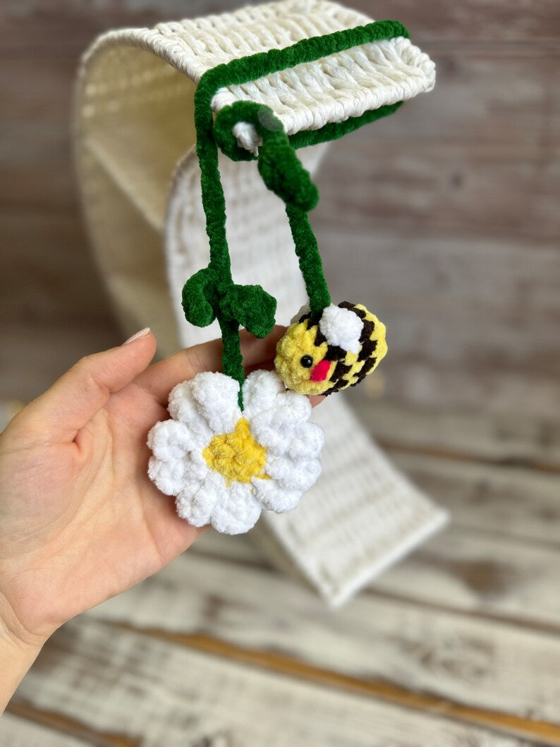 Rear view mirror bee flower daisy strawberry car charms , crochet car mirror hanger, car decor accessory, First car gift