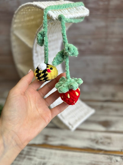 Rear view mirror bee flower daisy strawberry car charms , crochet car mirror hanger, car decor accessory, First car gift