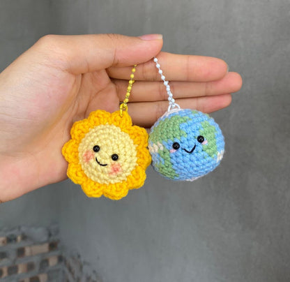 Crochet Earth And Sun Keychain, Sun And Earth Amigurumi, Mini Earth Sun Plushie, Couple Keychain, Bag Charm Backpack Accessory