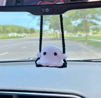 Crochet Ghost On A Swing Car Charm Spooky, Cute Ghost Swinging Rear View Mirror Ornament, Fall Halloween Car Accessories Halloween Car Decor