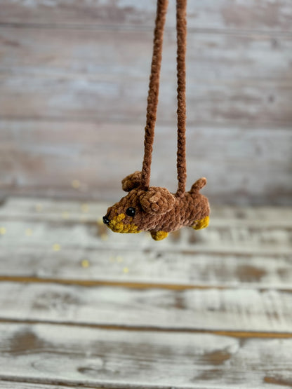 Crochet Dachshund Car Mirror Charm, Wiener Dog Rear View Mirror Hanging, Sausage Dog, Cute Doxie Gift for Dog Lovers