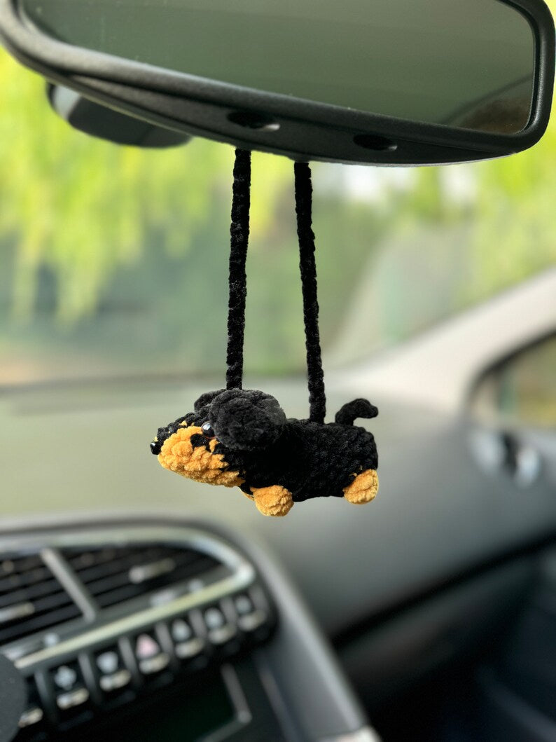 Crochet Dachshund Car Mirror Charm, Wiener Dog Rear View Mirror Hanging, Sausage Dog, Cute Doxie Gift for Dog Lovers