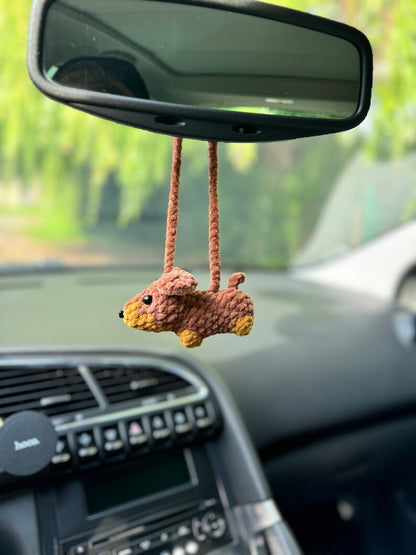 Crochet Dachshund Car Mirror Charm, Wiener Dog Rear View Mirror Hanging, Sausage Dog, Cute Doxie Gift for Dog Lovers