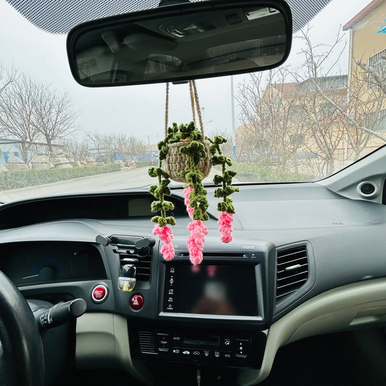 Cute Car Mirror Hanging bracketplant chlorophytum comosum Purple pink Interior Rear View Mirror Flower Car Accessories Crochet gift for car
