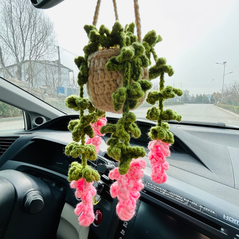 Cute Car Mirror Hanging bracketplant chlorophytum comosum Purple pink Interior Rear View Mirror Flower Car Accessories Crochet gift for car