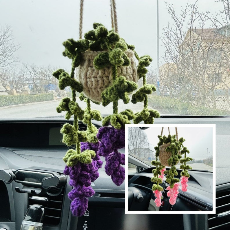 Cute Car Mirror Hanging bracketplant chlorophytum comosum Purple pink Interior Rear View Mirror Flower Car Accessories Crochet gift for car