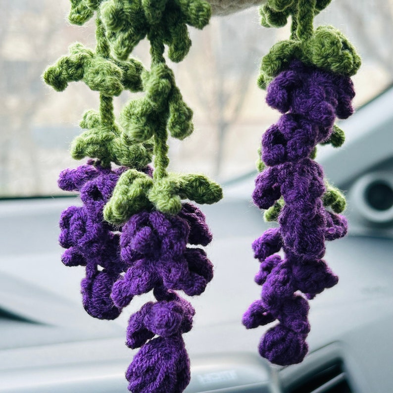 Cute Car Mirror Hanging bracketplant chlorophytum comosum Purple pink Interior Rear View Mirror Flower Car Accessories Crochet gift for car