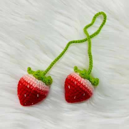 Cute crochet Strawberry Flower Car Accessories Mirror Hanging Charm Fruit Decor Teens Interior Rear View Mirror bag charm